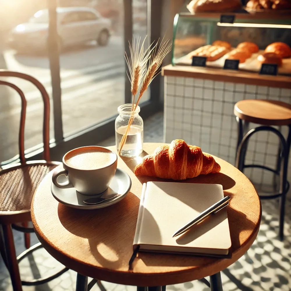Mesa con café, croissant y libreta